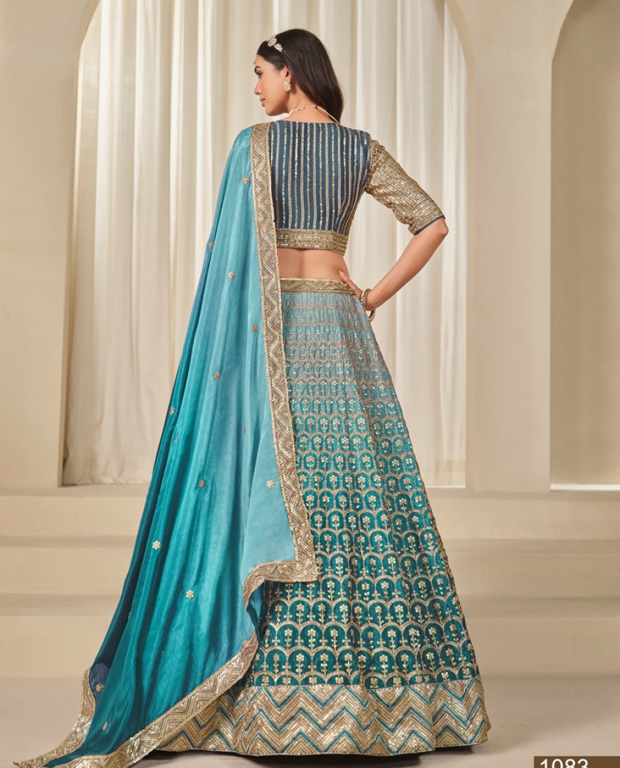 1083-blue - Chinon Trendy Lehenga Choli with Embroidered Work for Ceremonial in Firozi and Teal